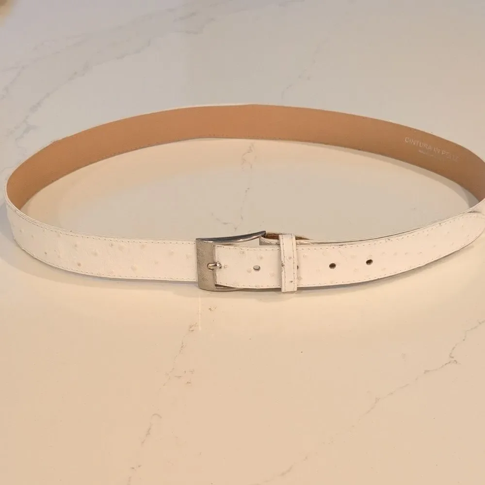 Cintura In Pelle White Ostrich Embossed Leather Belt Silver Buckle Made in Italy